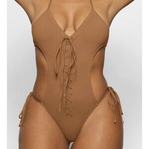 SKIMS Recycled Swim Lace Up Monokini Halter Lace Up Front Tan Almond Size 3X NWT
